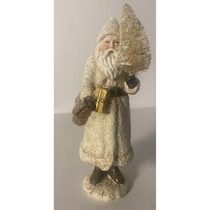 RAZ Imports Glittered Resin Santa Figure Ivory with Bottle Brush Tree 8.5"